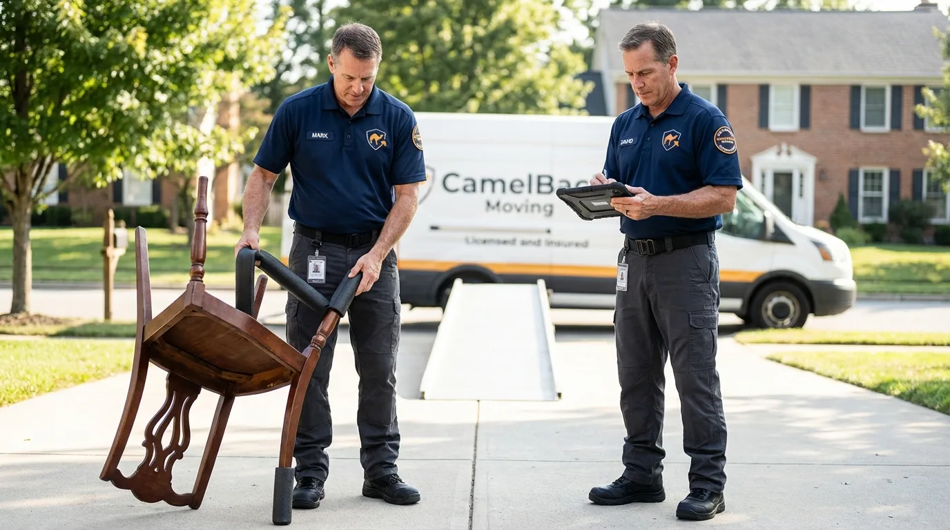 Movers inspecting furniture for damage prevention before loading in Leonia, NJ