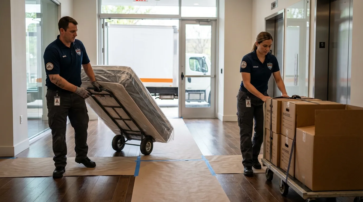 Professional apartment movers loading elevator in Leonia, NJ